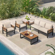 Conjunto de sofá para exterior de 4 piezas para 5 personas con mesa de centro de madera maciza y cojines extraíbles