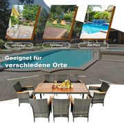 COSTWAY Juego de muebles de jardín de ratán de 9 piezas, conjunto de asientos para 8 personas, mesa de jardín con tablero de madera de acacia, 8 sillas y cojines, juego de muebles de terraza, conjunto de jardín, juego de asientos, grupo de comedor
