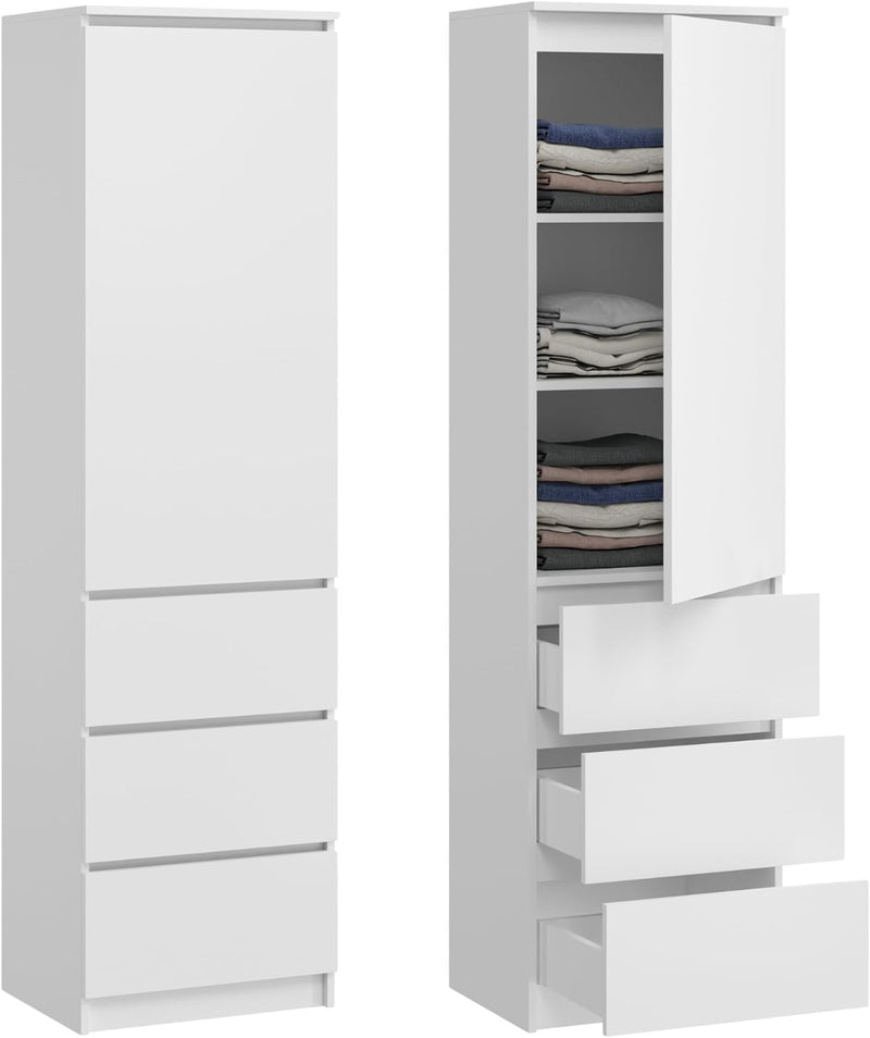 Armario ropero, armario vestidor, armario multiusos con 3 estantes y 3 cajones | armario compacto y funcional para dormitorio, recibidor o despacho | 50x40x180 cm (ancho x fondo x alto) | Blanco