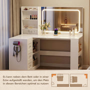 Tocador YOUDENOVA con iluminación LED, espejo grande y enchufes, tocadores con 3 cajones y 3 estantes, 4 compartimentos inferiores, tocador esquinero en forma de L, 120x80x136cm, blanco
