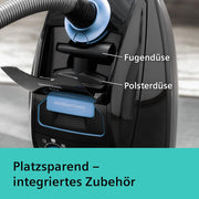 Aspiradora con bolsa Siemens Q5.0 Extreme silencePower VSQ5X1232, para alérgicos, filtro higiénico, gran potencia de succión en parqué, alfombras y baldosas, cable largo, fabricada en Alemania, 850 W, negra