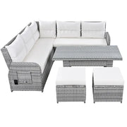 Conjunto de sofá seccional de ratán para exteriores con mesa ajustable y sillones reclinables