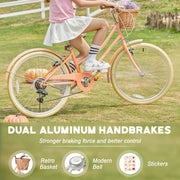 Glerc Missy 20, 24, 26 pulgadas bicicleta híbrida urbana tipo crucero para niñas, de 6 velocidades, con cesta de mimbre, para jóvenes mayores de 6 años, varios colores