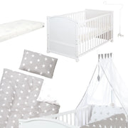 Juego de cuna roba Little Stars 70 x 140 cm, convertible y ajustable en altura, con textiles completos, diseño de estrellas, madera blanca