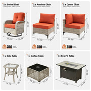 Conjunto de 9 piezas de sillas giratorias de mimbre para exteriores OVIOS con mesa de fuego