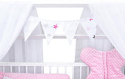 Set completo de cuna Baby Delux, cama casita de 60x120 cm, color blanco, con cajón, barrera anticaídas, colchón, ropa de cama y set de decoración (Prince Stars)