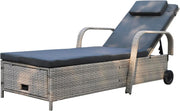 Tumbona de jardín, hamaca de ratán con espacio de almacenamiento y respaldo reclinable, mueble de jardín móvil con cojín, poliratán y metal, 200 x 75 x 30-92 cm (beige/gris oscuro)