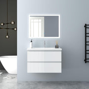 Muebles de baño, lavabo de cerámica de 80 cm con mueble bajo, conjunto de muebles de baño, armarios de baño con 2 cajones de cierre suave, blanco brillante