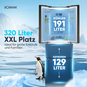 Frigorífico con congelador Bomann® | Congelador No-Frost | Frigorífico de 186 cm | 39 dB | Frigorífico combi con MultiAirflow | 320 L | Frigorífico combi No-Frost | KG 7361 negro-inox