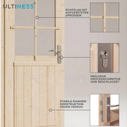 Puerta de madera para caseta de jardín, abeto nórdico, puerta de doble hoja, 141x177 cm | Cristal auténtico, incluye juego de manillas y umbral de aluminio, puerta de caseta de jardín para cobertizo, puerta exterior de madera para taller