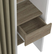 IDMarket - Vestidor extensible doble MERYL 120/180 x 50 x 180 cm blanco con estantes color haya + doble barra para colgar + cortina topo