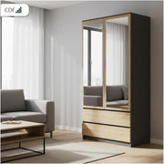 Armario infantil CDF de 90 cm de ancho, armario multiusos de 2 puertas con espejo, 2 cajones, 4 estantes y 1 barra para ropa, tablero laminado de 16 mm, armario multiusos, roble artisan/antracita