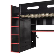 Cama alta matrimonial Merax con escritorio, armario, luces LED RGB y puerto de carga USB, elegante estructura negra con espacio de almacenamiento múltiple para amantes de los videojuegos