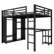 Estructura de cama alta tamaño queen con armario integrado, cama alta de metal con escritorio y estantes de almacenamiento, color negro