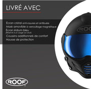 Casco de moto jet de alta gama ROOF Roadster de fibra de vidrio con mentonera magnética extraíble, pantalla iridio incluida – Color Iron negro mate/azul - Venta directa de fábrica - Garantía de 4 años