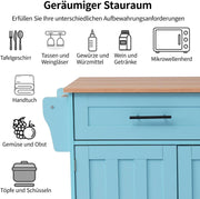 Aparador de cocina Sweiko, mueble de almacenamiento versátil con cajones y ruedas, diseño para comedor en madera clara y azul, armario de salón con estantes ajustables