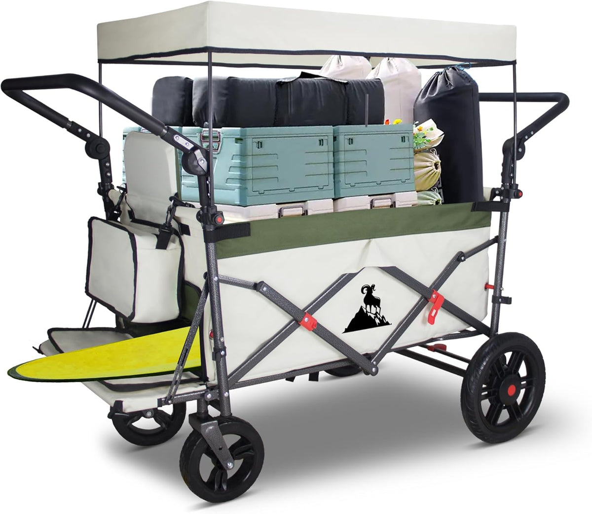 TOPWELL Carrito de transporte plegable de 180 l hasta 120 kg con 2 asientos plegables/techo/freno, carrito de transporte plegable con ruedas de poliuretano verde/beige
