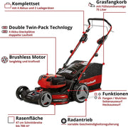 Cortacésped a batería Einhell GE-CM 36/47 S HW Li Kit Power X-Change (36 V, 47 cm de ancho de corte, hasta 700 m², sin escobillas, tracción a las ruedas, saco de recogida de 75 L, incl. 4x 4,0 Ah + 2x cargador doble)