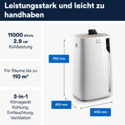 De'Longhi Pinguino PAC EL112 CST WiFi, aire acondicionado portátil con tecnología MyEcoRealFeel para habitaciones de hasta 110 m³, 11.000 BTU/h, 2,9 kW, 63 dB, función de deshumidificación, A+, control por aplicación y voz, blanco