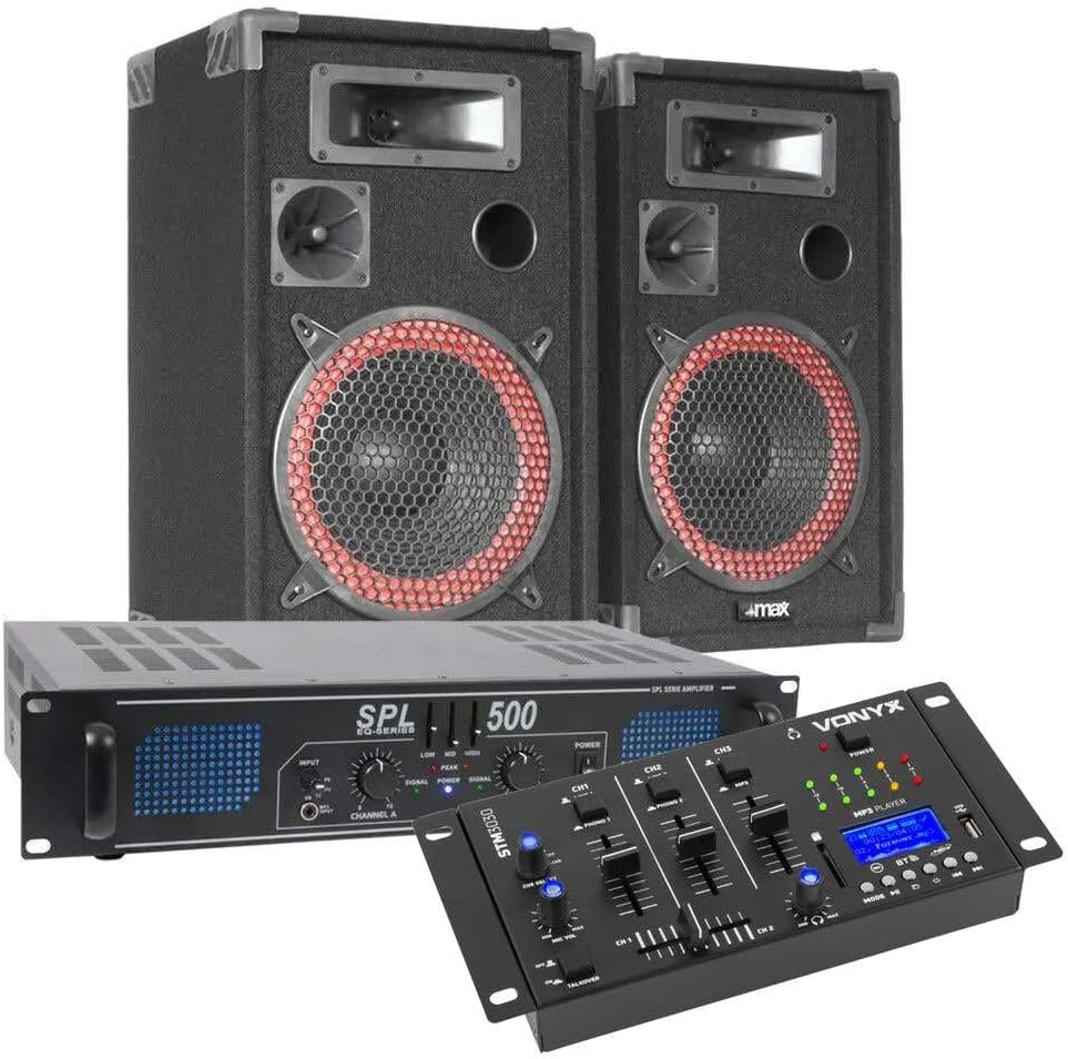 Kit DJ completo VONYX SKYTEC: altavoz de 500 W, potente amplificador de 2 x 250 W con mesa de mezclas