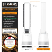 Brandson - Ventilador de torre DC ECO Line - Motor DC muy silencioso - Modo sueño - Con mando a distancia - 3 modos - Oscilación - Eficiencia energética - Para dormitorio, oficina, salón, habitación infantil