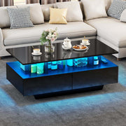 Mesa de centro YITAHOME negra, mesa de salón de alto brillo con iluminación LED de 16 colores moderna, mesa auxiliar negra con estante abierto y 4 cajones extraíbles 90x55x41,1 cm