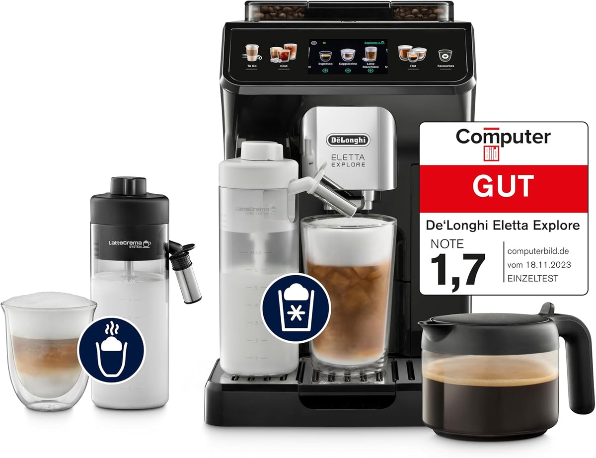 De’Longhi Eletta Explore - Cafetera superautomática Perfetto con espumador de leche LatteCrema, 40 bebidas con solo pulsar un botón, pantalla táctil a color, gris oscuro (ECAM452.57.G)