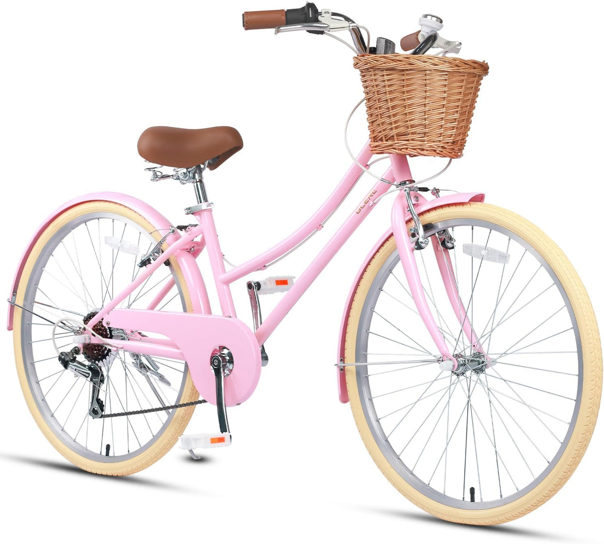 Glerc Missy 20, 24, 26 pulgadas bicicleta híbrida urbana tipo crucero para niñas, de 6 velocidades, con cesta de mimbre, para jóvenes mayores de 6 años, varios colores