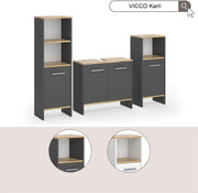 Set de muebles de baño Vicco Karli, antracita/roble dorado, 131.4 cm, compuesto por mueble bajo lavabo, armario con espejo y armario columna