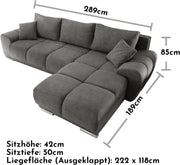 Sofá esquinero Stella Trading ANTON con función cama, tapizado en tela Uran Stone - Sofá esquinero moderno en forma de L con arcón y pespunte decorativo - 289 x 85 x 189 cm (ancho/alto/fondo)