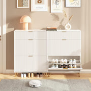 Zapatero blanco con diseño ondulado, zapatero estrecho con 2 puertas abatibles y 1 estante, 80x24x118,5 cm, armario de recibidor moderno con patas de metal dorado, estantería para zapatos que ahorra espacio para pasillo y entrada