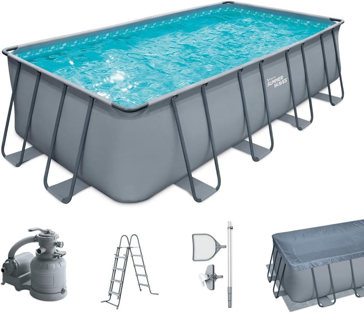 Set completo de piscina con estructura Summer Waves | Rectangular 549x274x132 cm gris | Set de piscina desmontable | Piscina de jardín y natación incl. bomba de filtro de arena, tapiz de suelo, lona cobertora y escalera de acceso