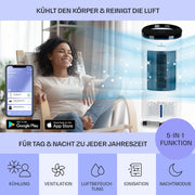 Enfriador de aire Klarstein con refrigeración por agua, enfriador evaporativo 4 en 1 silencioso, humidificador, ventilador y modo nocturno, aire acondicionado portátil de 7 L, enfriador de aire de 65 W, flujo de aire refrigerante de 330 m³/h