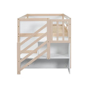 Cama alta baja de madera maciza con cajón y escalera, tamaño individual