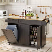 Isla móvil de 55 pulgadas con toma de corriente y mesa plegable, carrito de isla de cocina con ruedas y gabinete para almacenamiento de basura para cocina