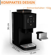 Cafetera automática Krups Coffee Crush  Extra, molinillo de acero inoxidable para café recién molido, solo 15 cm de ancho, panel de control inteligente, también para café premolido, limpieza fácil, negro, SA4028E0