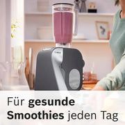 Procesador de alimentos Bosch Serie 4 MUM56340, bol de 3,9 L, batidora de 1,25 L, picadora de carne, exprimidor, sistema de mezclado planetario, gancho para amasar, varillas batidoras y mezcladoras, cortador-rallador, 3 discos, 900 W, plata/gris