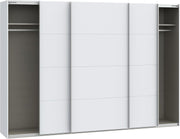 Armario corredero Forte SOPHISTISPACE 300 de 3 puertas con estantes y barra para colgar ropa, blanco, 299,8 cm de ancho, 210,5 cm de alto, 62,9 cm de profundidad