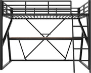 Cama alta infantil 90x200 cm, litera, cama de metal con tira LED, escritorio y escalera, cama individual juvenil, cama multifuncional, estructura de cama con protección anticaídas y somier, sin colchón, negro