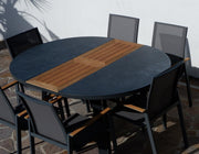 ALEOS. Conjunto de jardín, set de aluminio y teca con mesa redonda extensible de 120 cm a 160 cm + 6 sillas apilables, color antracita Trinidad