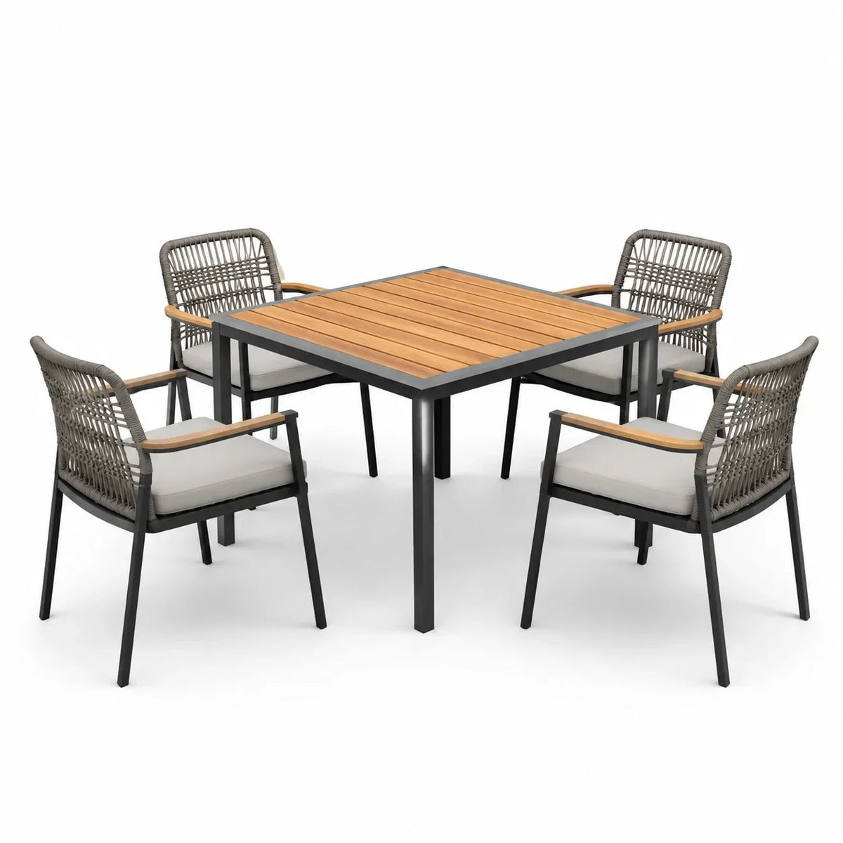 Conjunto de comedor de aluminio y madera de teca con 4 sillas en gris/marrón