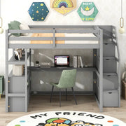 Cama alta de tamaño matrimonial con escritorio y estantes, dos cajones integrados, escalera con almacenamiento, gris