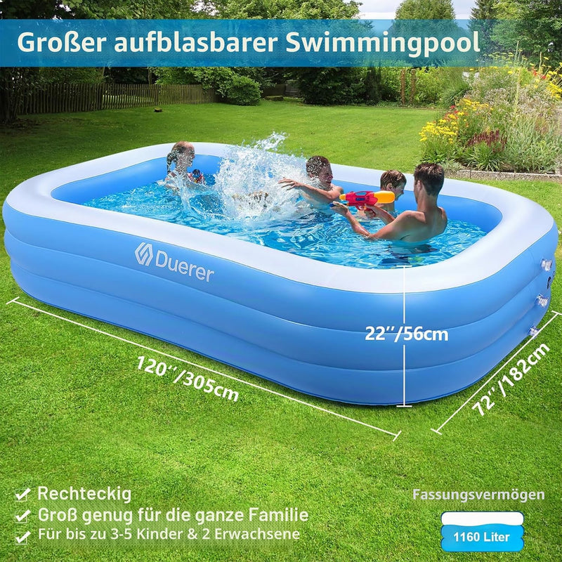 Piscina hinchable rectangular 305 x 182 x 56 cm, piscina de PVC con capacidad de 312 galones, 3 cámaras de aire, piscina familiar para jardín
