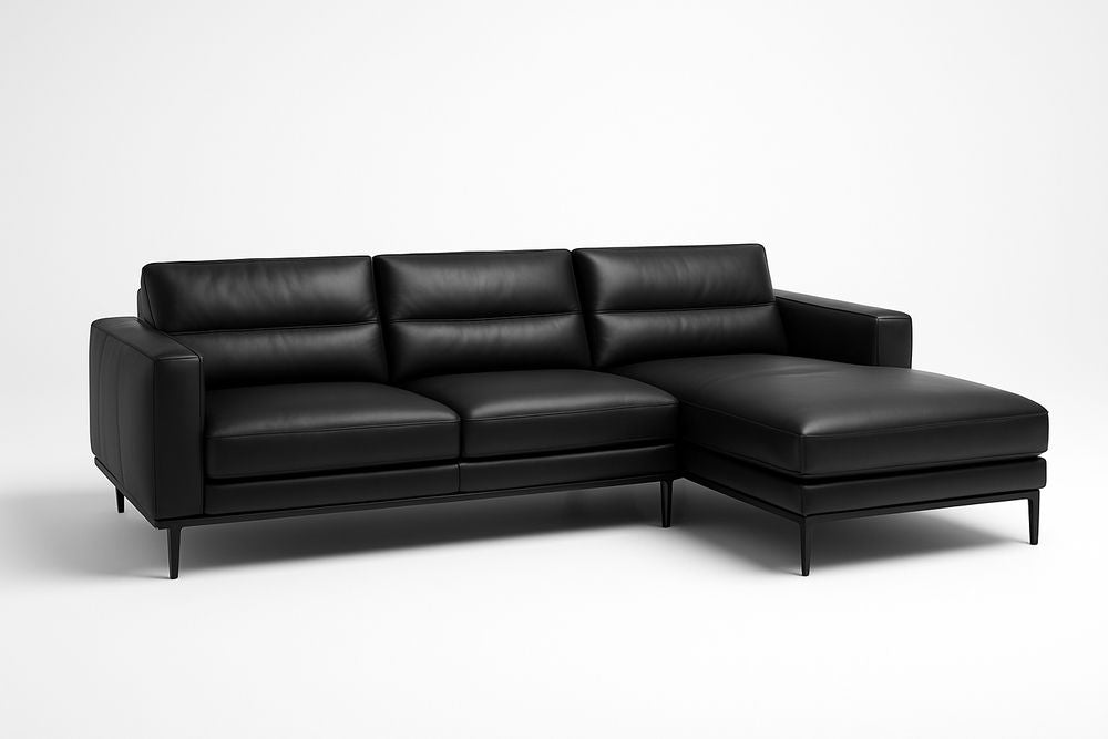 Sofá rinconero de piel sintética negra con chaise longue