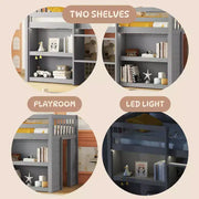 Cama alta infantil individual Whisen de 79.8"L x 43.9"An con estantes de dos niveles y luz LED