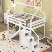 Literas tipo casita con tobogán y escaleras de almacenamiento, litera de madera individual sobre individual para niños con techo y escaleras para niñas y niños
