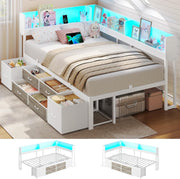 AOGLLATI Cama de 90x200 con almacenamiento, sofá cama con estantería integrada y 6 cajones, cama juvenil con iluminación LED y estación de carga, cama de invitados, diván, estructura de cama con somier (Blanco, 90x200 cm)
