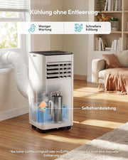 Aire acondicionado portátil 9000 BTU con tubo de escape | Aire acondicionado móvil 4 en 1 | Funcionamiento silencioso | Pantalla digital + mando a distancia | Kit de instalación para ventana | Temporizador de 24h | Para habitaciones de hasta 25 m²