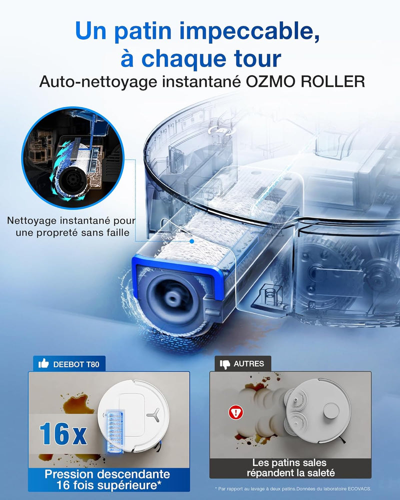 ECOVACS DEEBOT T80 Omni Robot Aspirador y Fregasuelos, 18 000 Pa, Autolimpieza instantánea OZMO Roller, ZeroTangle 3.0, Lavado con agua caliente 40-75 ℃, Secado con aire caliente, Blanco