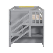 Cama alta baja de madera maciza con cajón y escalera, tamaño individual
